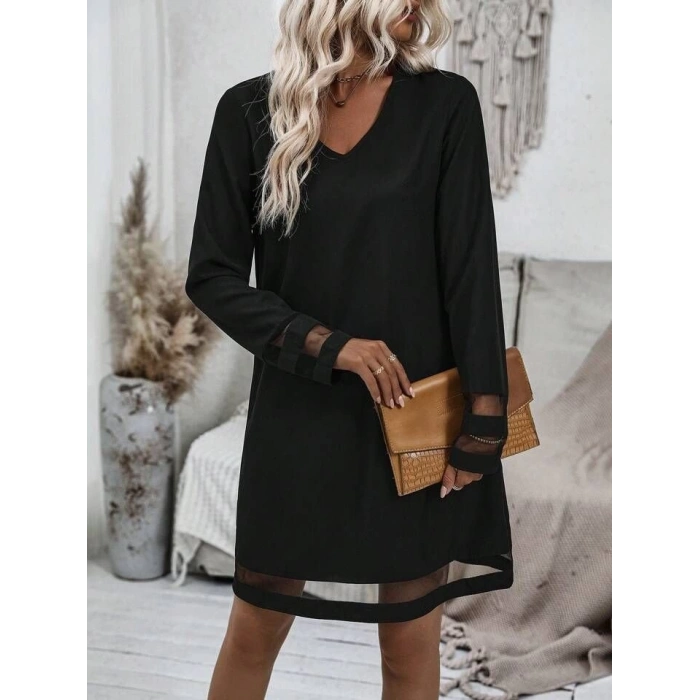 Kadın Uzun Kollu V Yakalı Tül şerit Detaylı Mini Krep Elbise