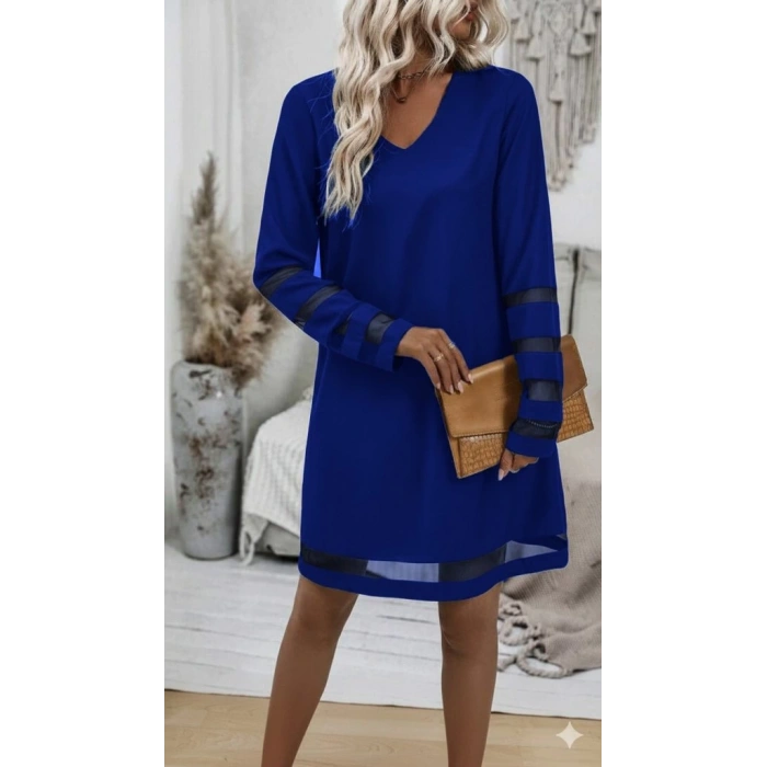 Kadın Uzun Kollu V Yakalı Tül şerit Detaylı Mini Krep Elbise