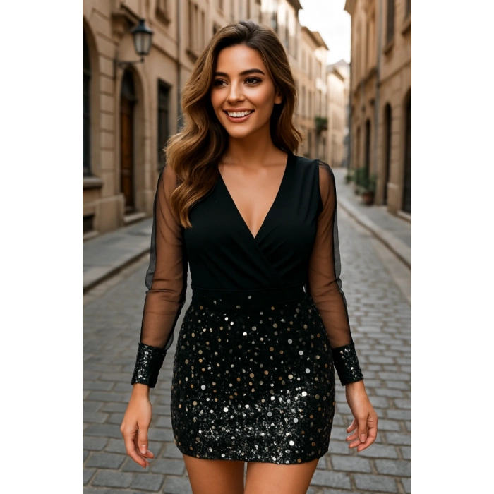 Kadın Uzun Kollu V Yakalı üst Krep Alt Payet Kısa Elbise