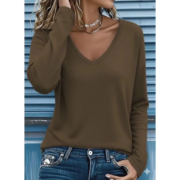 Kadın Uzun Kollu V Yakalı Viskon Iki Iplik Bluz