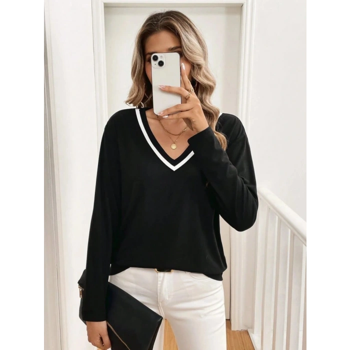 Kadın Uzun Kollu V Yakalı Viskon Iki Iplik Bluz