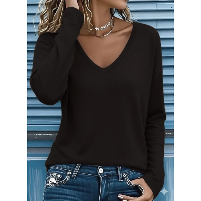 Kadın Uzun Kollu V Yakalı Viskon Iki Iplik Bluz