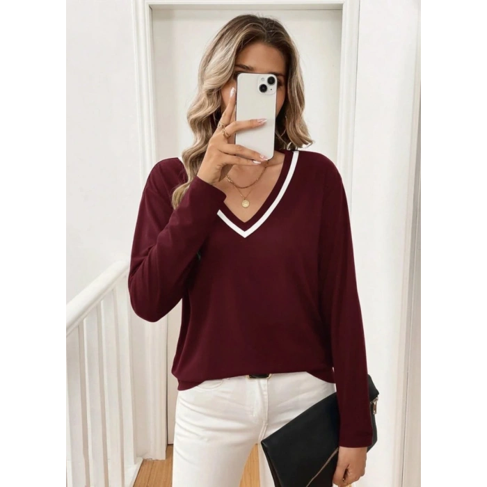 Kadın Uzun Kollu V Yakalı Viskon Iki Iplik Bluz