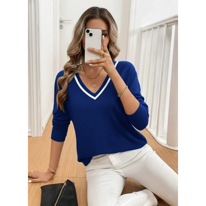 Kadın Uzun Kollu V Yakalı Viskon Iki Iplik Bluz