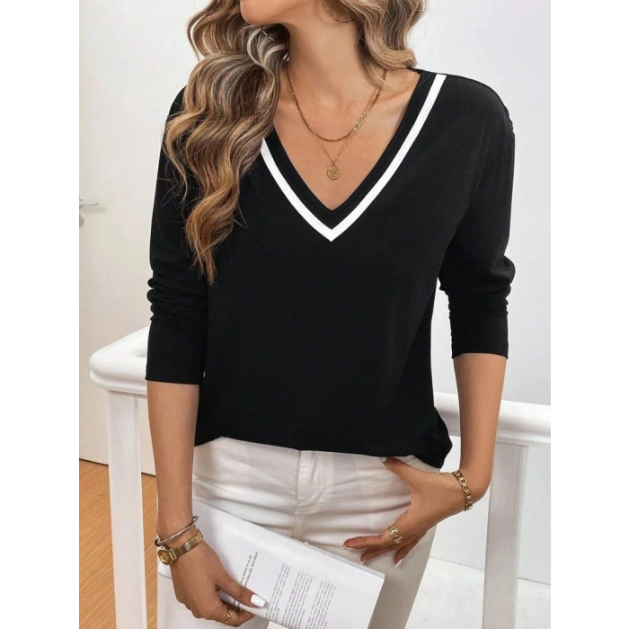 Kadın Uzun Kollu V Yakalı Viskon Iki Iplik Bluz