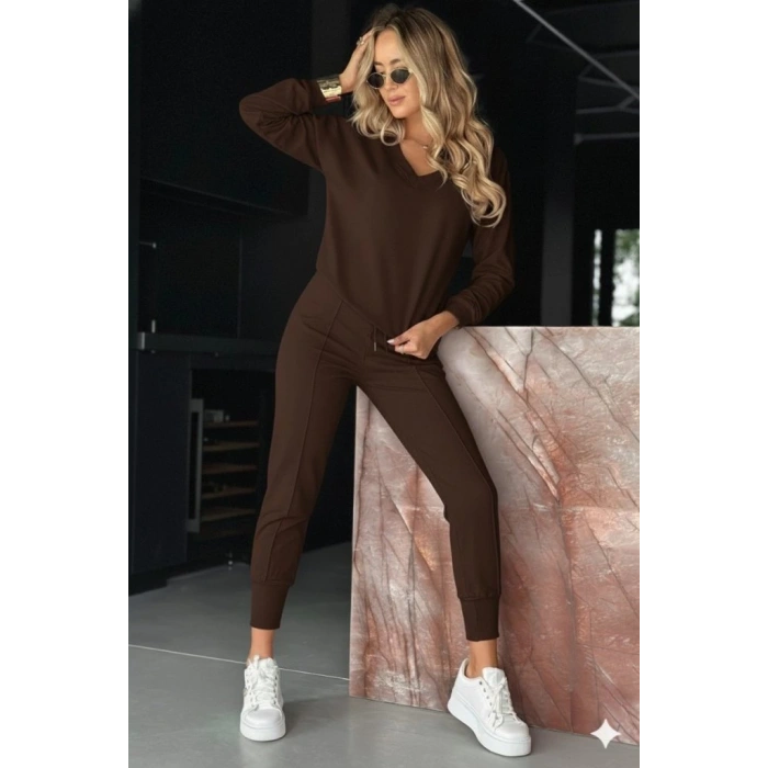 Kadın Uzun Kollu V Yakalı Viskon Iki Iplik Bluz Ve Pantolon Ikili Takım