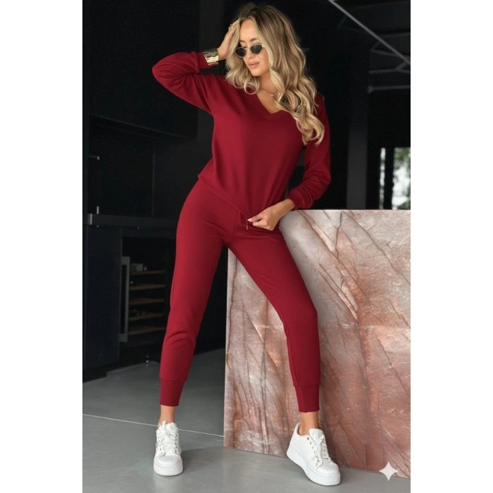Kadın Uzun Kollu V Yakalı Viskon Iki Iplik Bluz Ve Pantolon Ikili Takım