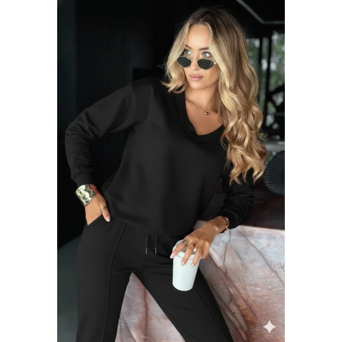 Kadın Uzun Kollu V Yakalı Viskon Iki Iplik Bluz Ve Pantolon Ikili Takım