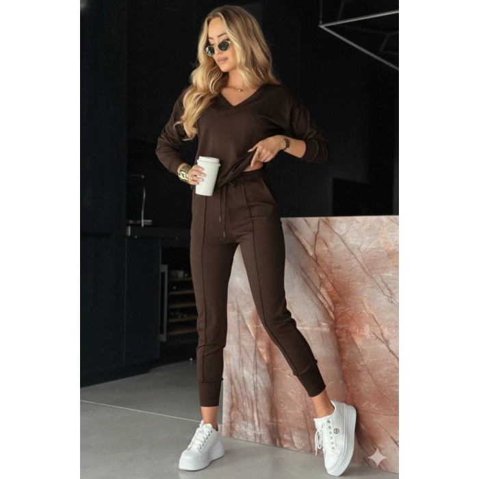 Kadın Uzun Kollu V Yakalı Viskon Iki Iplik Bluz Ve Pantolon Ikili Takım