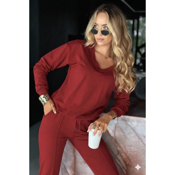 Kadın Uzun Kollu V Yakalı Viskon Iki Iplik Bluz Ve Pantolon Ikili Takım