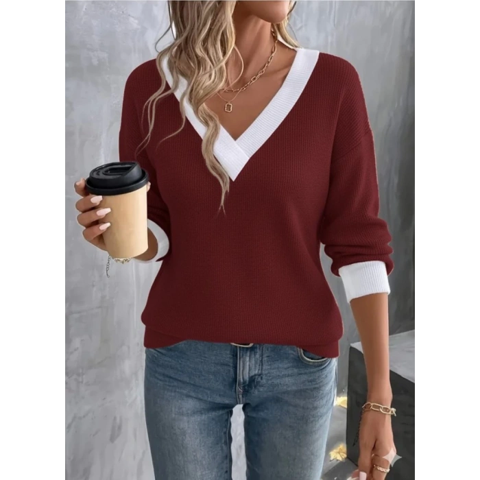 Kadın Uzun Kollu V Yakalı Waffle Bluz