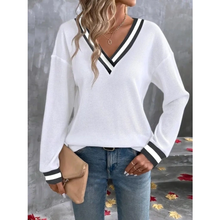 Kadın Uzun Kollu V Yakalı Waffle Bluz