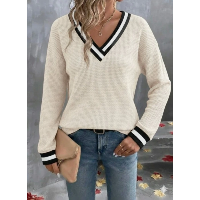 Kadın Uzun Kollu V Yakalı Waffle Bluz