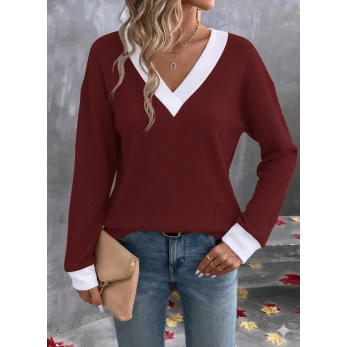 Kadın Uzun Kollu V Yakalı Waffle Bluz
