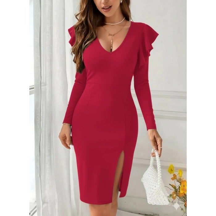 Kadın Uzun Kollu V Yakalı Yandan Yırtmaçlı Midi Ithal Krep Elbise