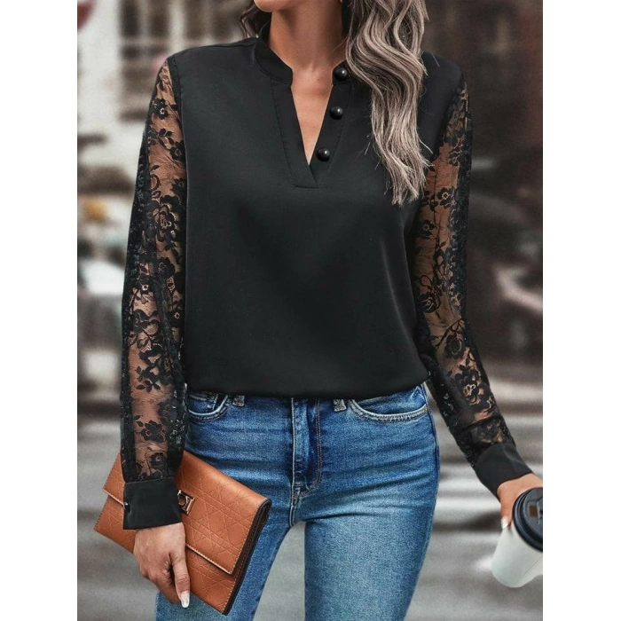 Kadın Uzun Kollu Yaka Düğme Detay Güpürlü Kol Krep Bluz