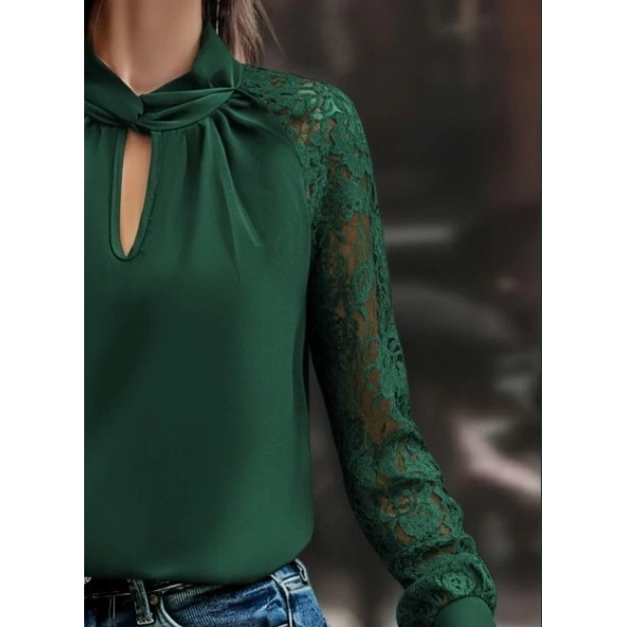 Kadın Uzun Kollu Yaka Düğme Detay Güpürlü Kol Krep Bluz