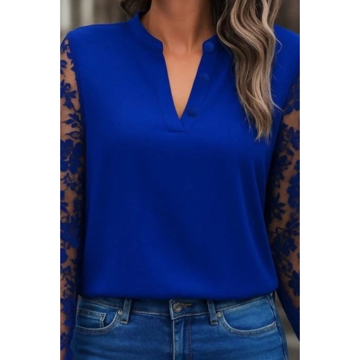 Kadın Uzun Kollu Yaka Düğme Detay Güpürlü Kol Krep Bluz