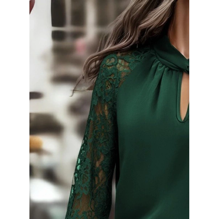 Kadın Uzun Kollu Yaka Düğme Detay Güpürlü Kol Krep Bluz