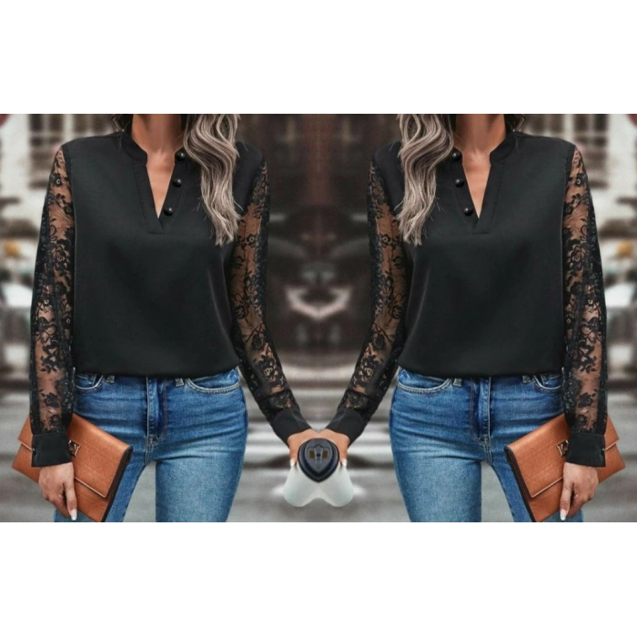 Kadın Uzun Kollu Yaka Düğme Detay Güpürlü Kol Krep Bluz