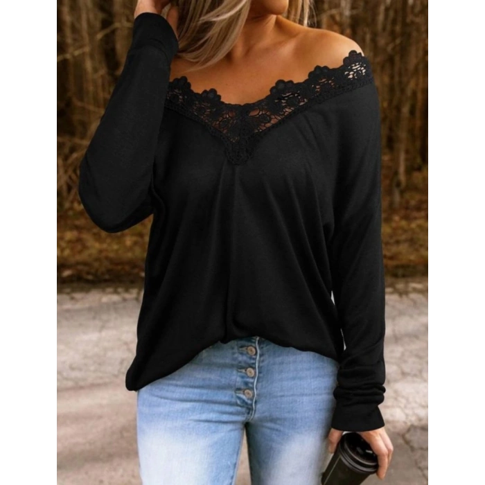 Kadın Uzun Kollu Yaka Güpür Detay Viskon Bluz