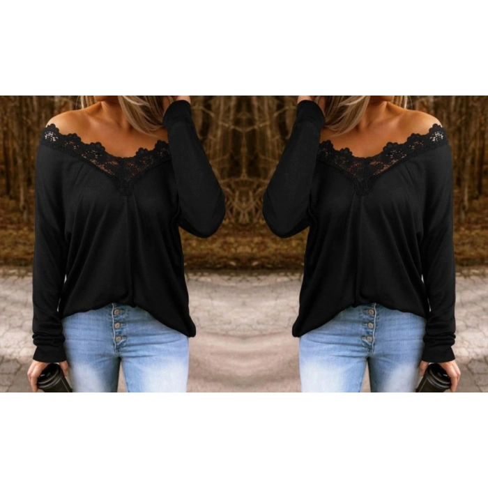 Kadın Uzun Kollu Yaka Güpür Detay Viskon Bluz