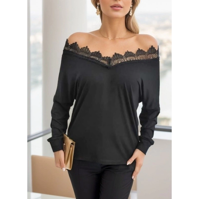 Kadın Uzun Kollu Yaka Güpür Detay Viskon Bluz