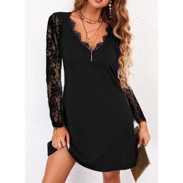 Kadın Uzun Kollu Yaka Ve Kol Dantel Detay Sandy Mini Boy Elbise