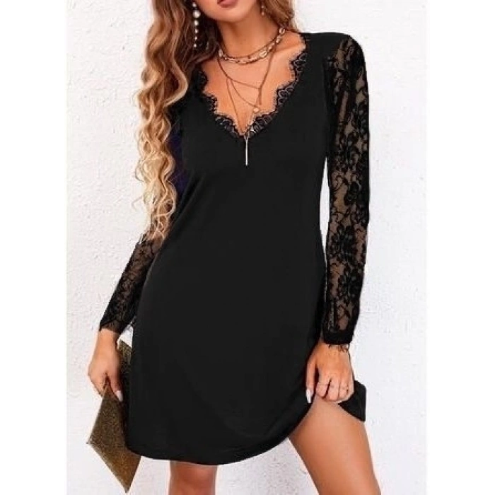 Kadın Uzun Kollu Yaka Ve Kol Dantel Detay Sandy Mini Boy Elbise