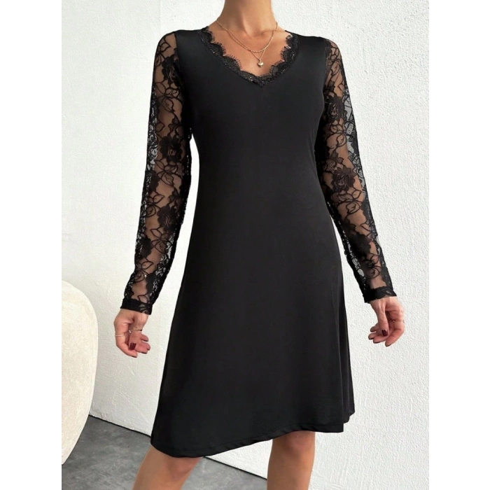 Kadın Uzun Kollu Yaka Ve Kol Dantel Detay Sandy Mini Boy Elbise