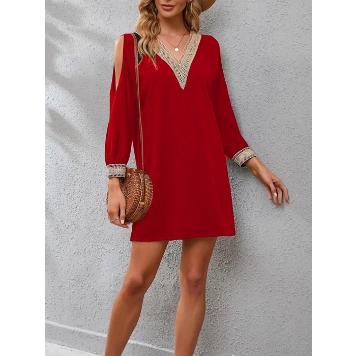 Kadın Uzun Kollu Yaka Ve Kol Manşet Güpürlü Detay Krep Mini Boy Elbise