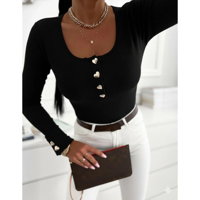 Kadın Uzun Kollu Yakadan Açık Ve Düğme Detaylı Kaşkorse Bluz