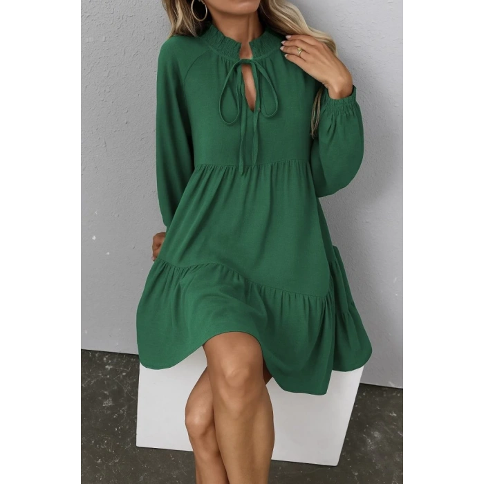 Kadın Uzun Kollu Yakadan Bağcıklı Fırfırlı Keten Mini Elbise