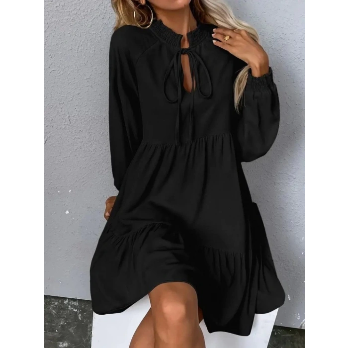 Kadın Uzun Kollu Yakadan Bağcıklı Fırfırlı Keten Mini Elbise