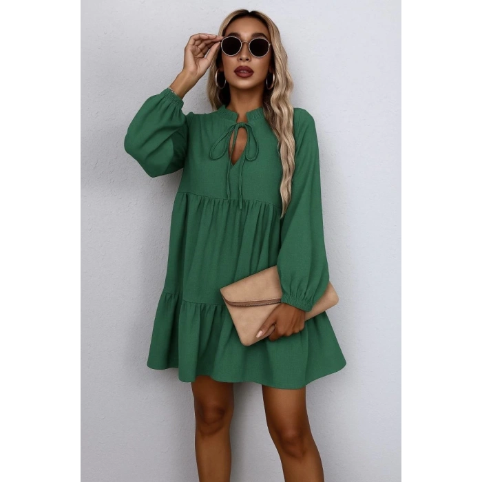 Kadın Uzun Kollu Yakadan Bağcıklı Fırfırlı Keten Mini Elbise