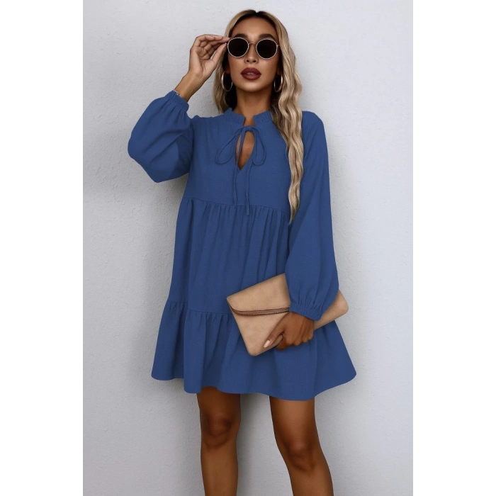 Kadın Uzun Kollu Yakadan Bağcıklı Fırfırlı Keten Mini Elbise