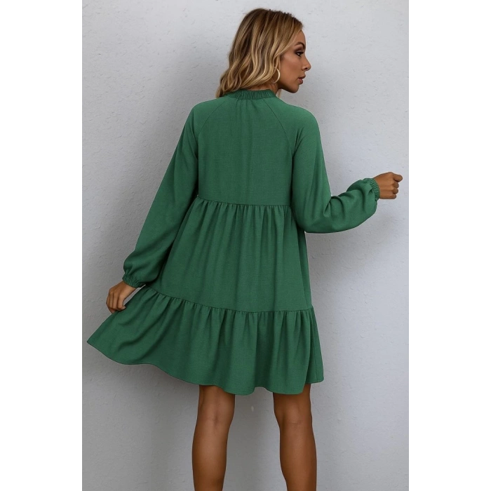 Kadın Uzun Kollu Yakadan Bağcıklı Fırfırlı Keten Mini Elbise