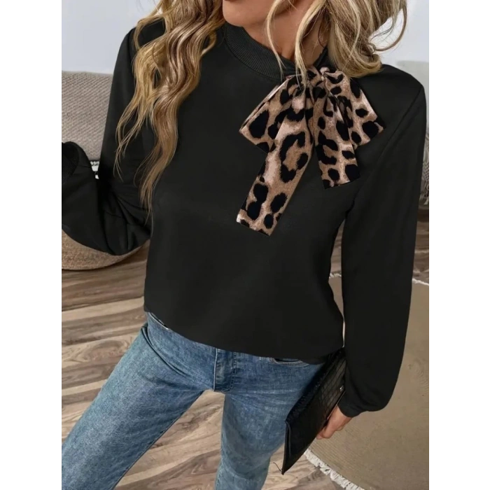 Kadın Uzun Kollu Yakadan Bağlamalı Viskon Iki Iplik Bluz