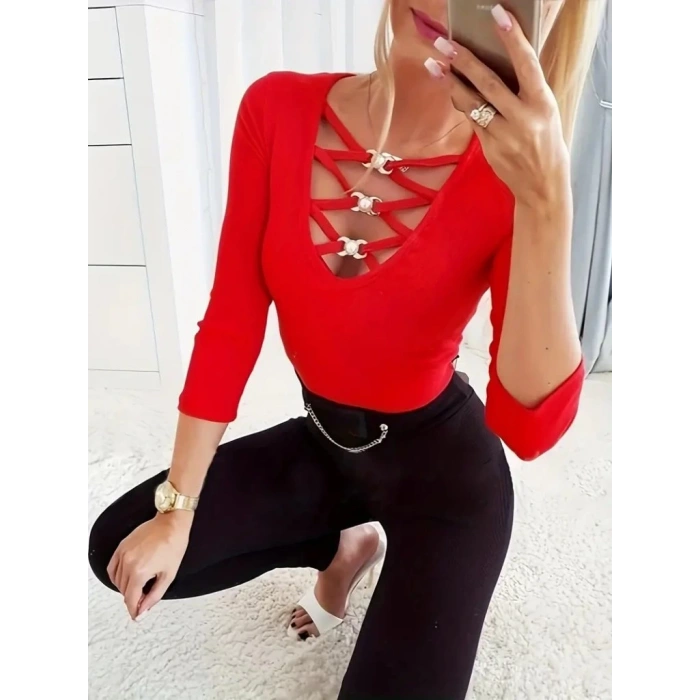 Kadın Uzun Kollu Yakadan çapraz Detaylı Kaşkorse Bluz
