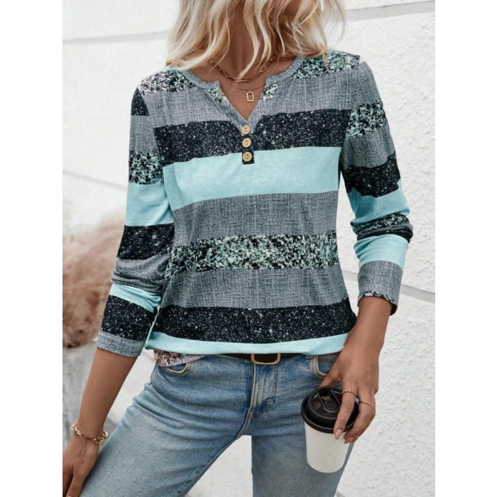 Kadın Uzun Kollu Yakadan Düğmeli çizgili Desenli Süprem Bluz