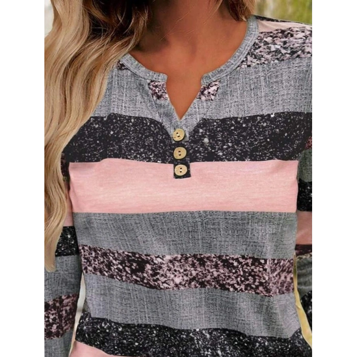 Kadın Uzun Kollu Yakadan Düğmeli çizgili Desenli Süprem Bluz