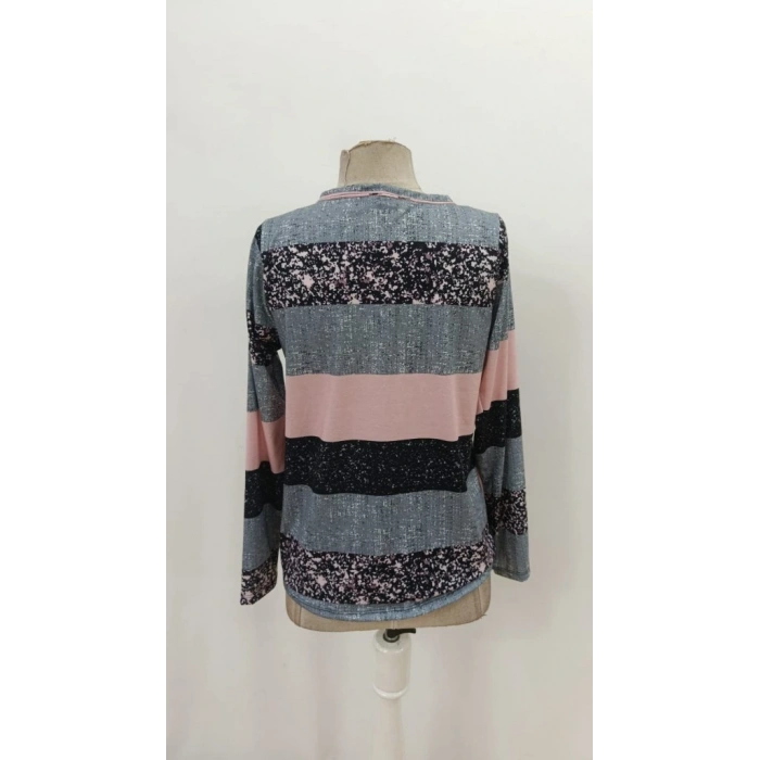 Kadın Uzun Kollu Yakadan Düğmeli çizgili Desenli Süprem Bluz