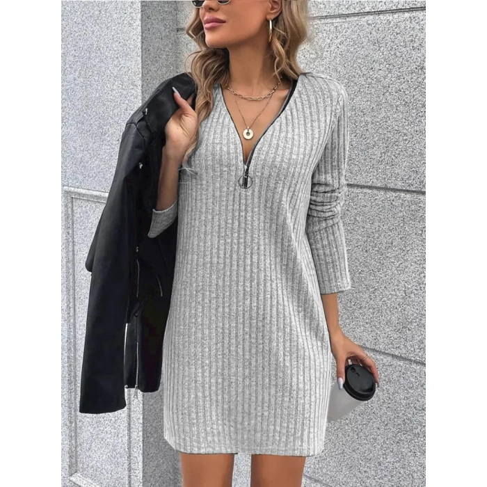 Kadın Uzun Kollu Yakadan Fermuarlı Kısa şardonlu Kaşkorse Elbise