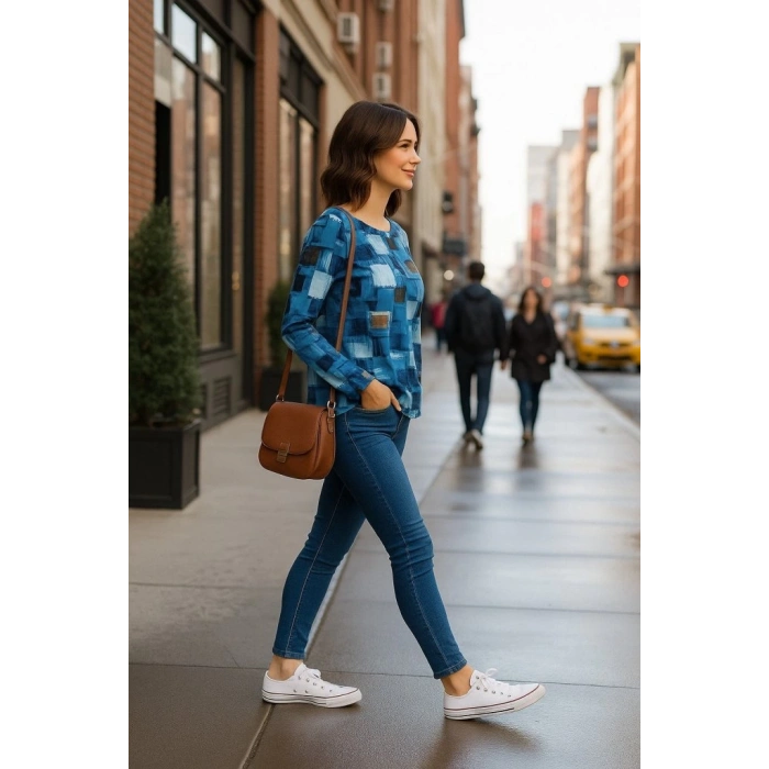 Kadın Uzun Kollu Yakadan Fermuarlı Kot Görünüm Desenli Uzun Modal Bluz