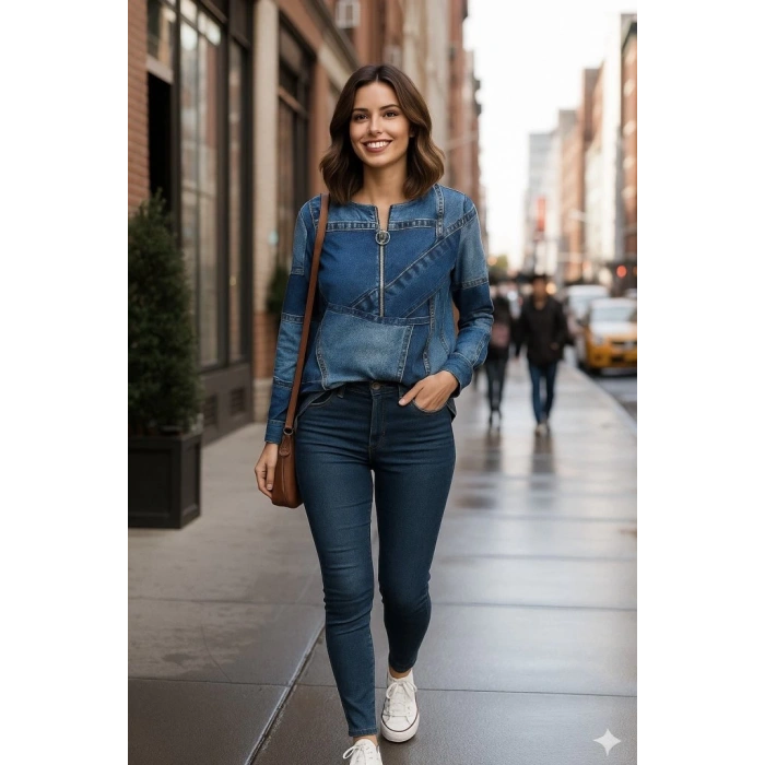 Kadın Uzun Kollu Yakadan Fermuarlı Kot Görünüm Desenli Uzun Modal Bluz