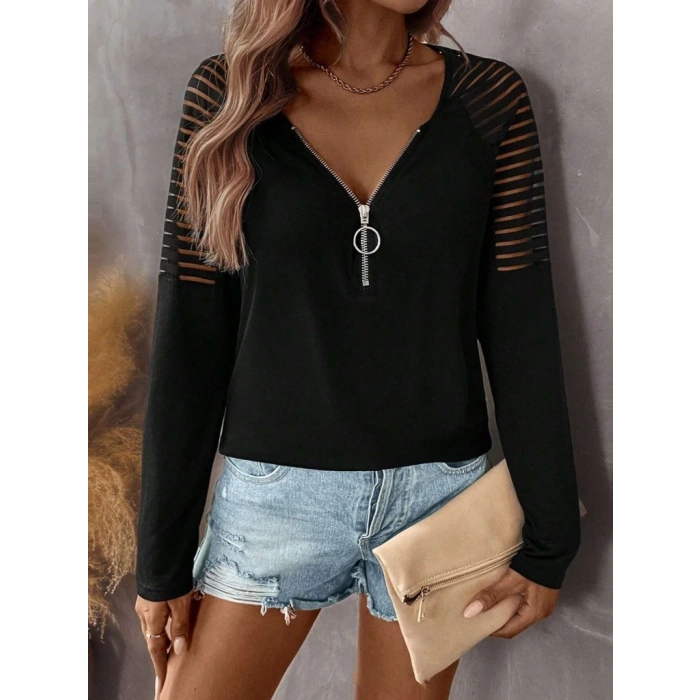 Kadın Uzun Kollu Yakadan Fermuarlı Viskon Bluz