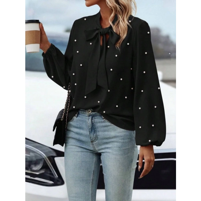 Kadın Uzun Kollu Yakadan Fiyonklu Incili Ithal Krep Bluz