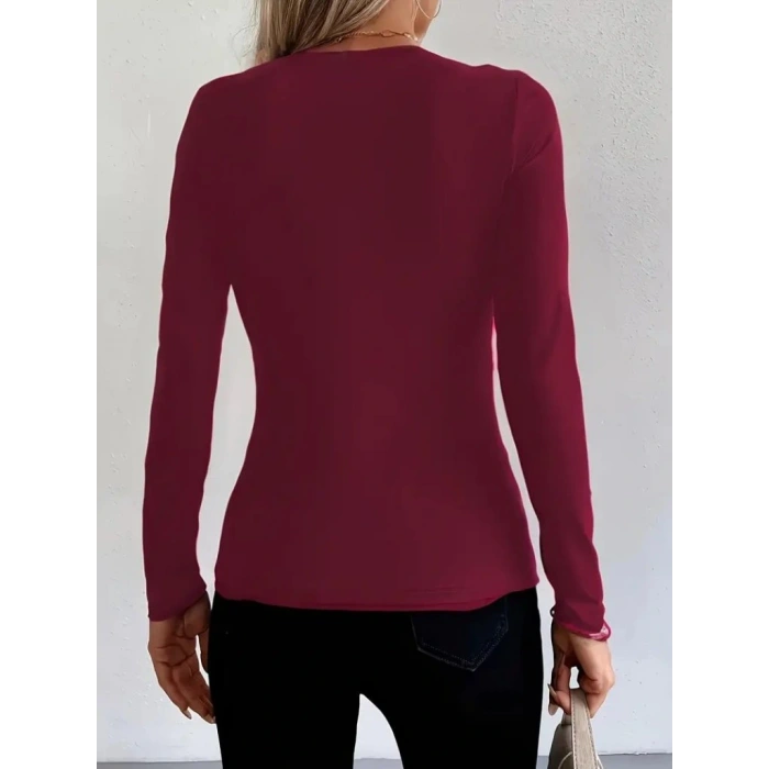 Kadın Uzun Kollu Yakadan Halka Detaylı Viskon Bluz