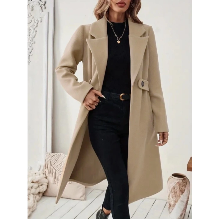 Kadın Uzun Kollu Yakalı Belde şerit Düğme Detaylı Cepli Mini Kaşe Kaban