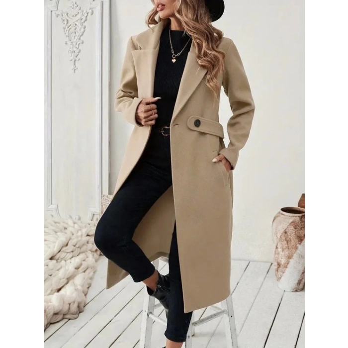 Kadın Uzun Kollu Yakalı Belde şerit Düğme Detaylı Cepli Mini Kaşe Kaban